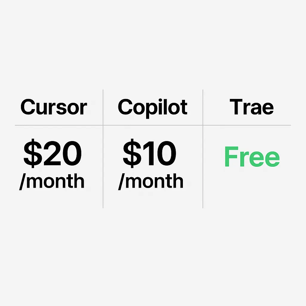 Price comparison: Cursor $20/month, Copilot $10/month, Trae free