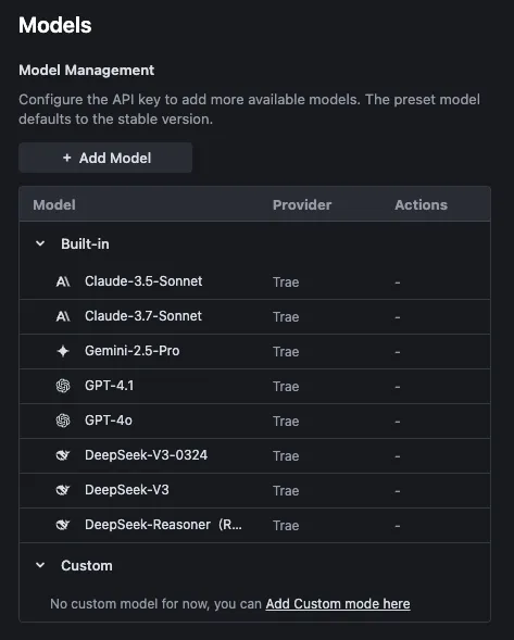 Trae model settings listing the built-in models: Claude 3.5 and 3.7 Sonnet, Gemini 2.5 Pro, GPT-4.1, GPT-4o and DeepSeek