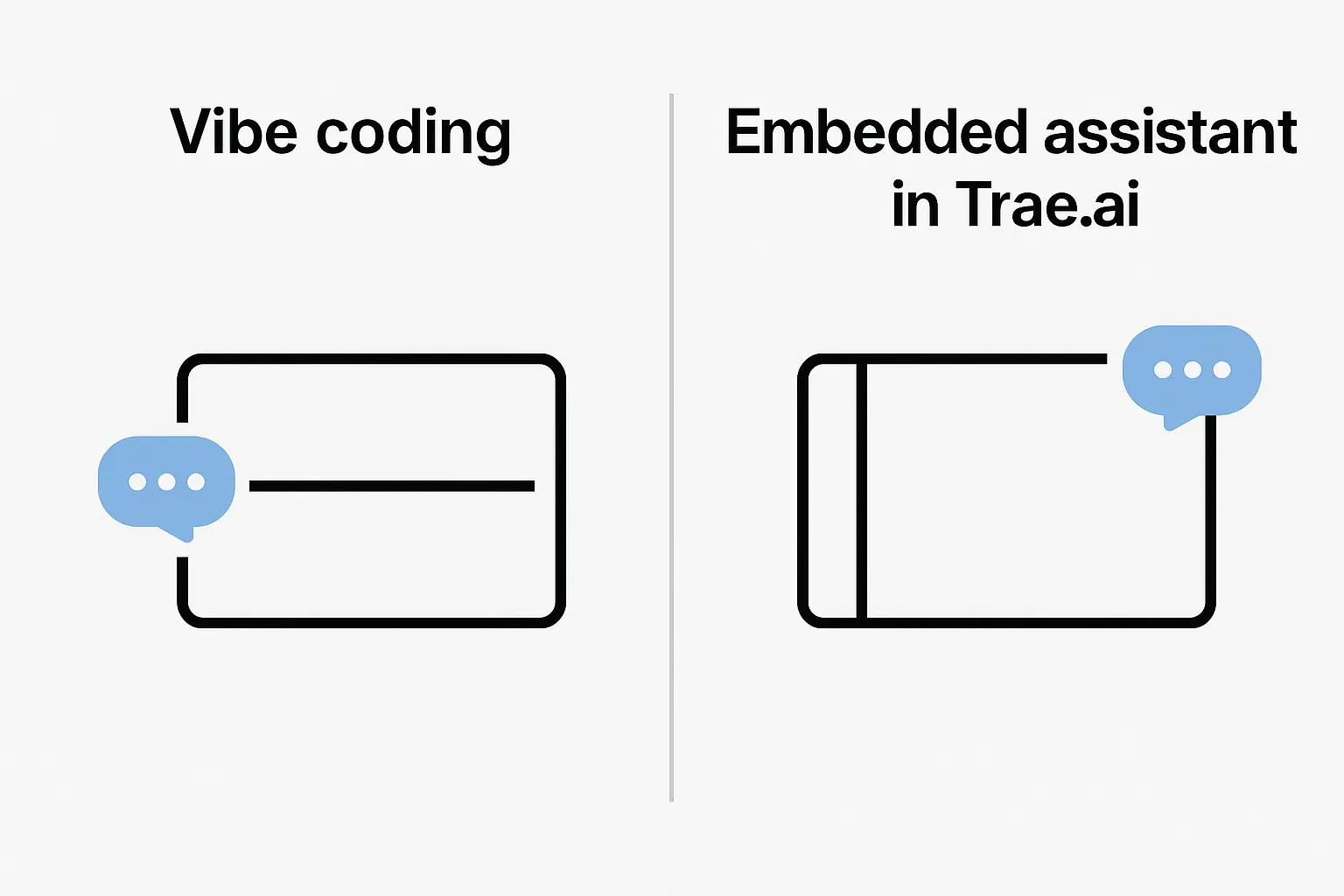 Diagram contrasting vibe coding, with chat beside the editor, and Trae's assistant embedded in the editor