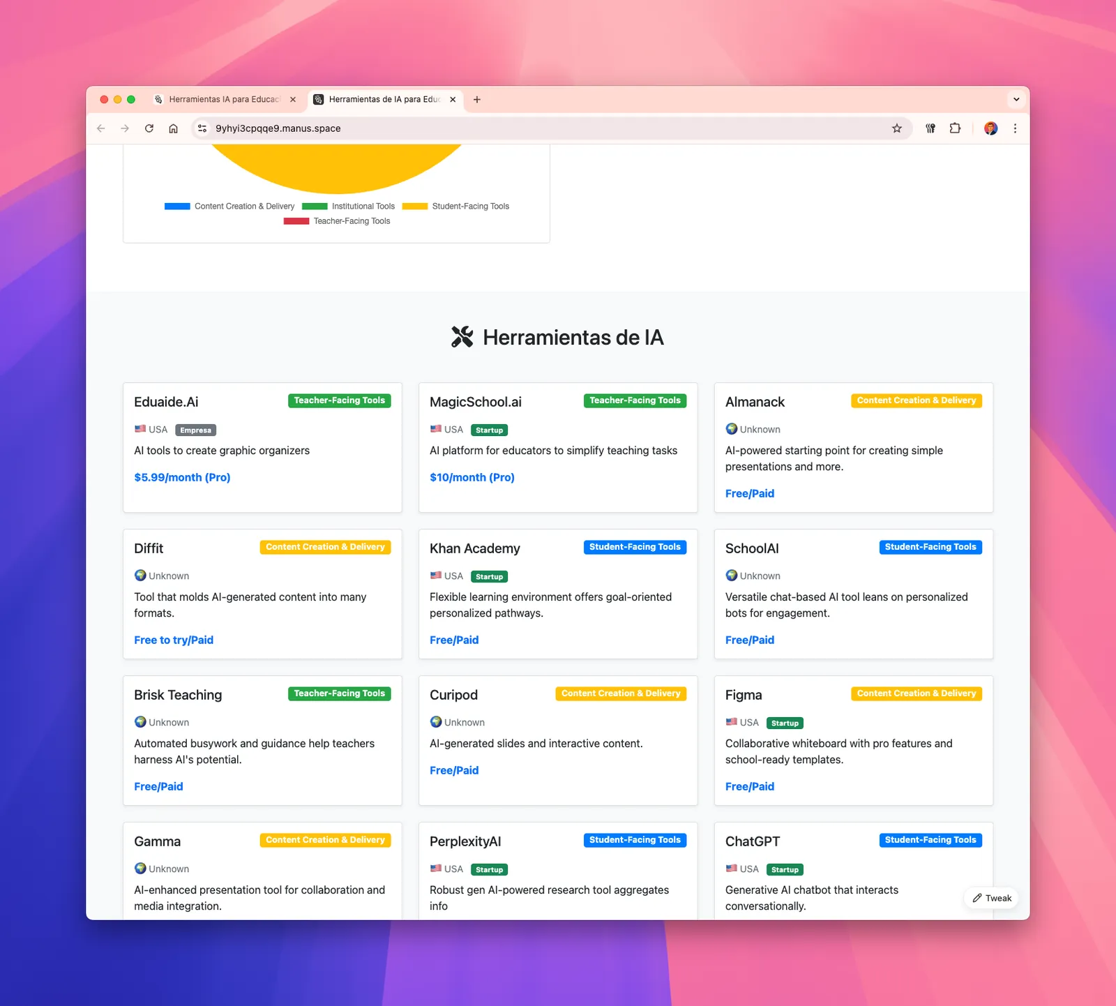 Website generated by Manus listing AI education tools as cards with category, country and pricing