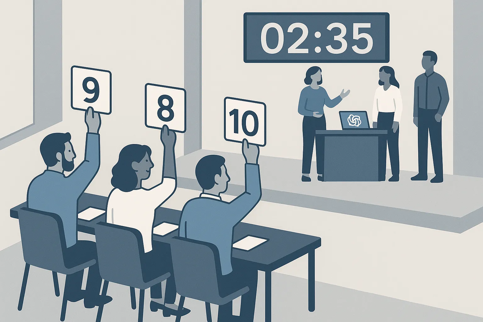 Judging panel scoring AI hackathon demos