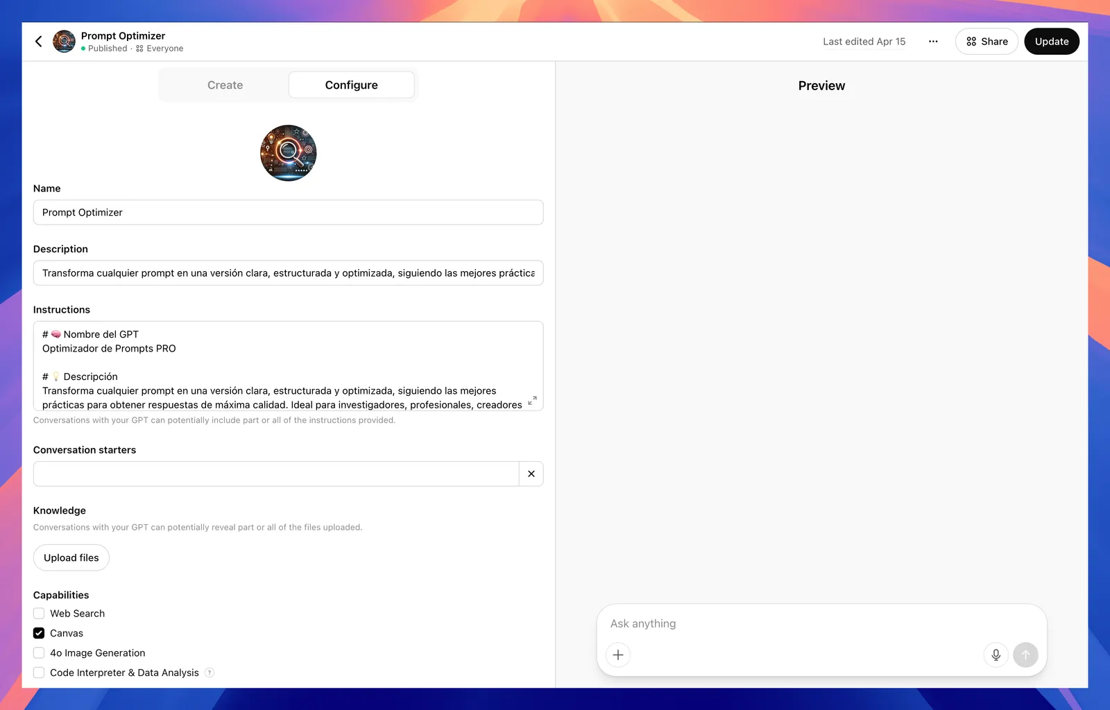 Expanded Instructions pane showing Markdown structure.