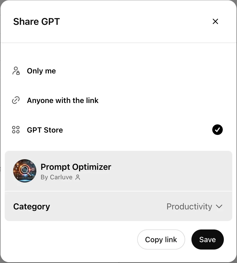 "Share GPT" modal with visibility options: Only me, Anyone with link, GPT Store.