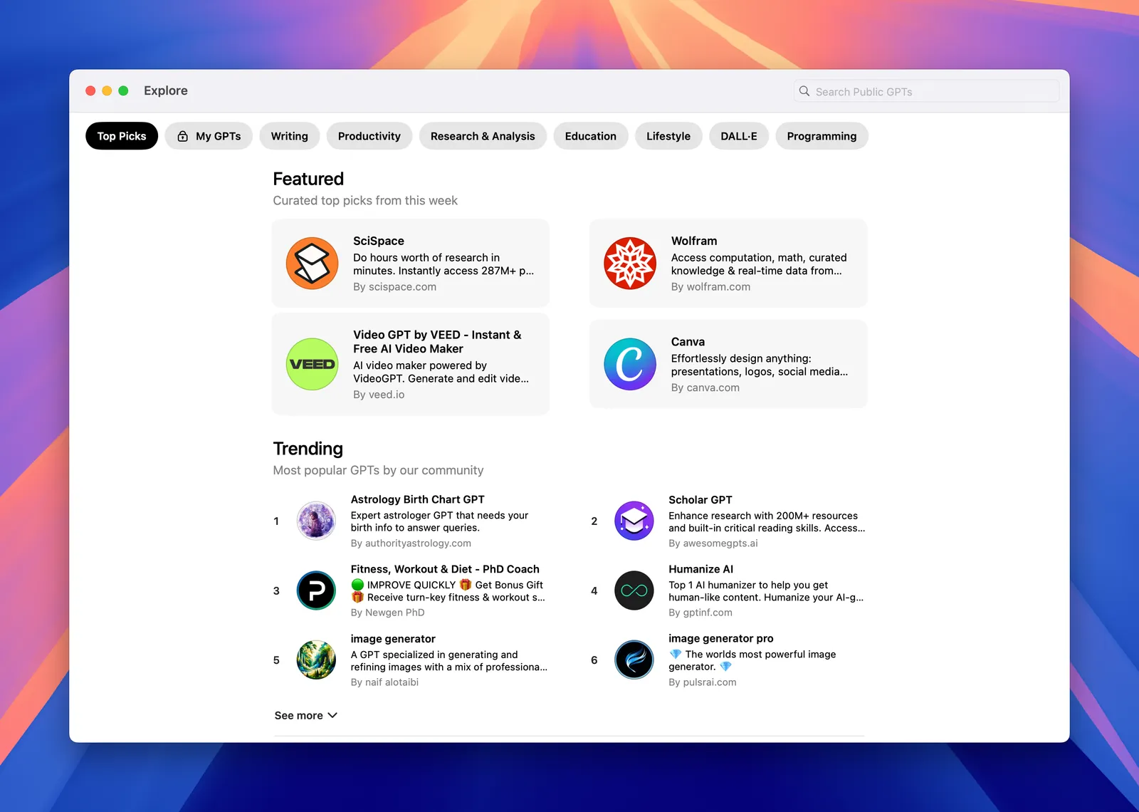 Explore GPTs window with featured and trending GPTs grouped by category