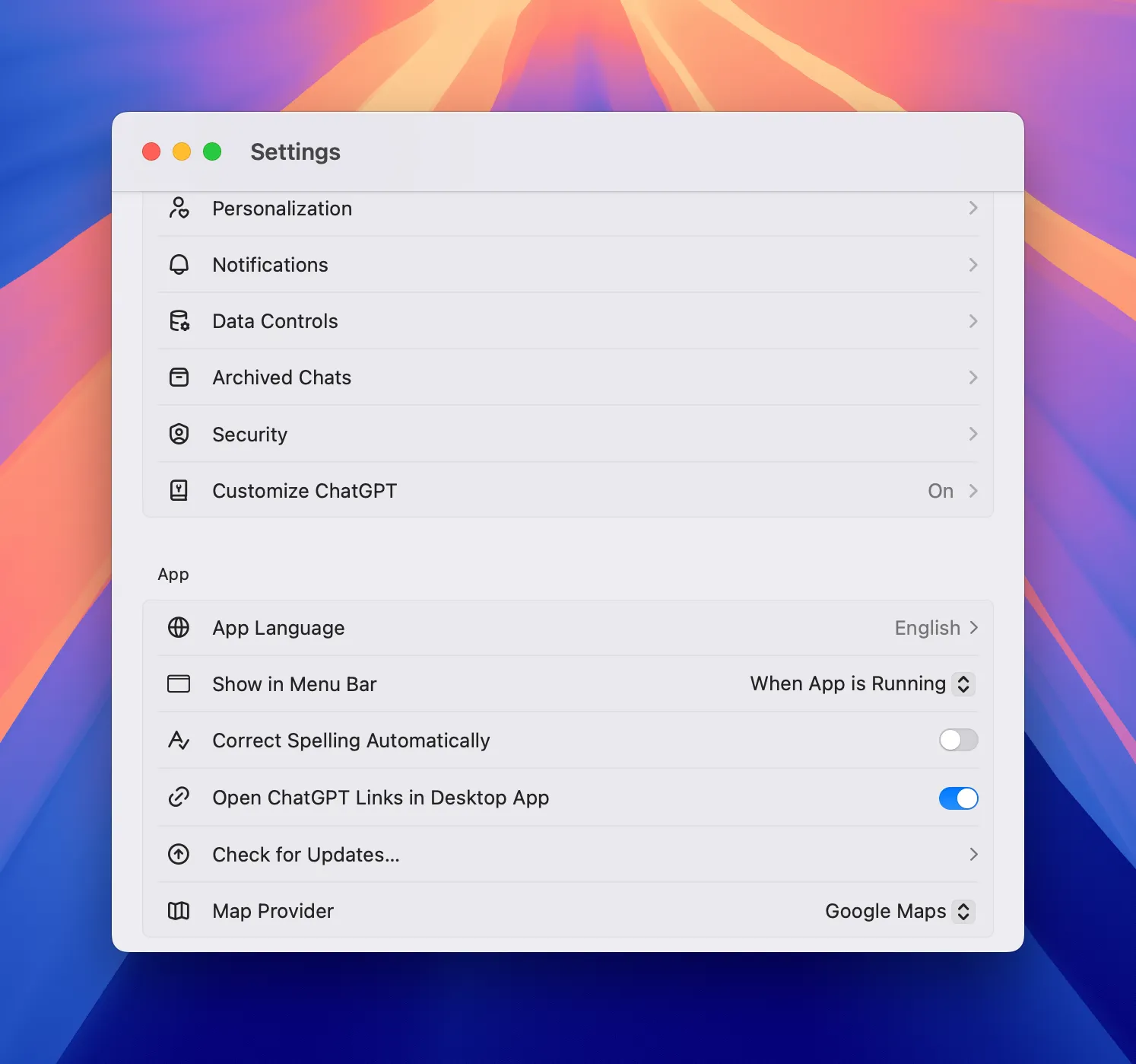 ChatGPT desktop Settings window with Personalization, Data Controls and app options