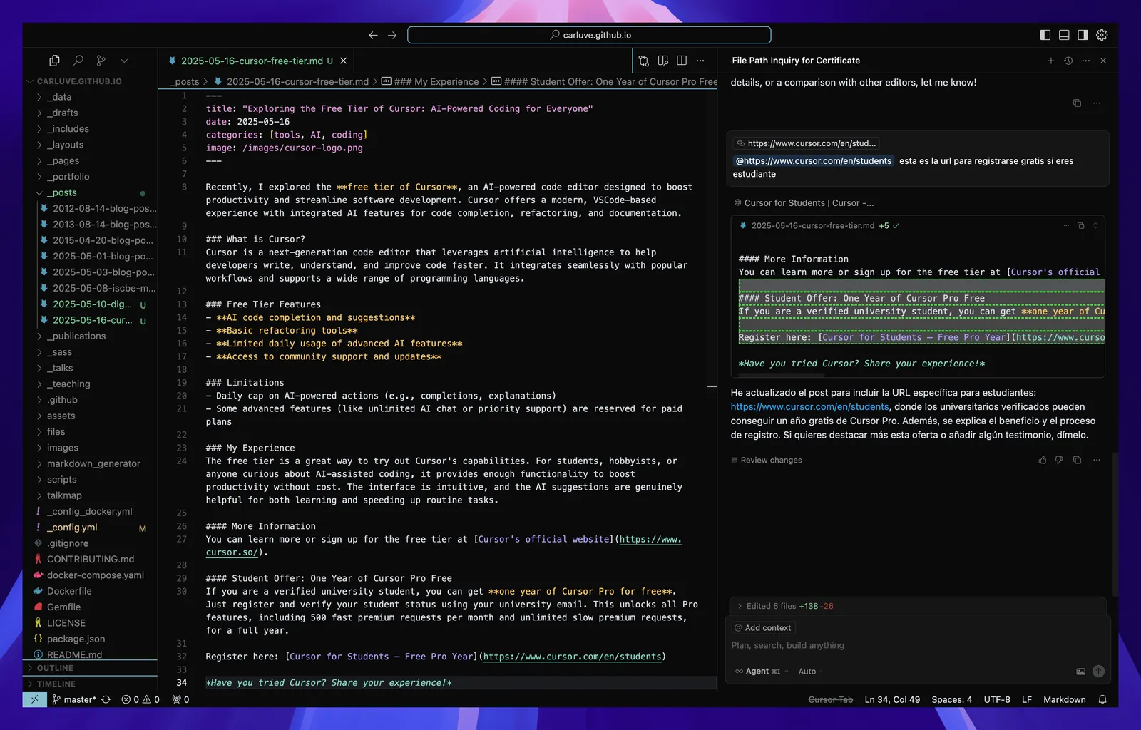 Cursor editing this post's Markdown file, with the AI chat panel on the right proposing changes