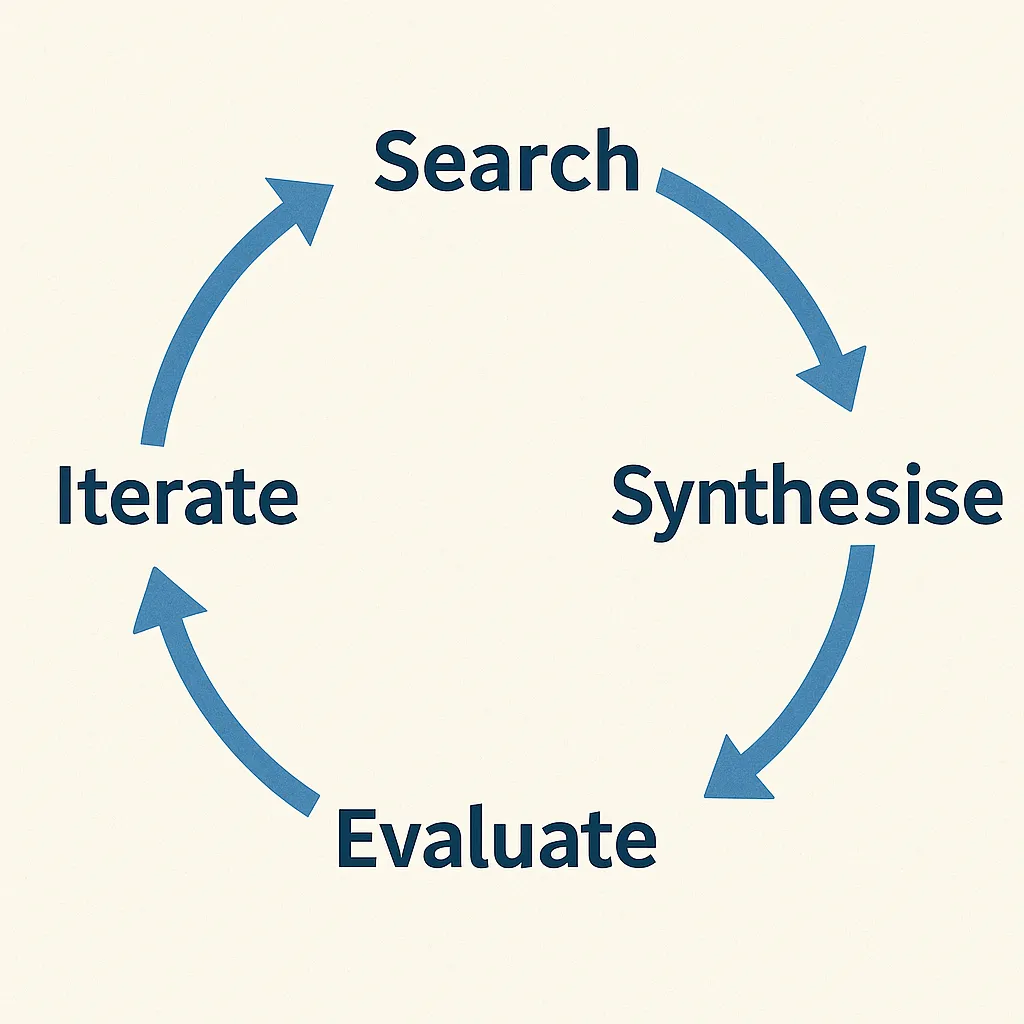 Iceberg diagram showing the visible "surface search" tip above water and the larger "deep research" mass below.