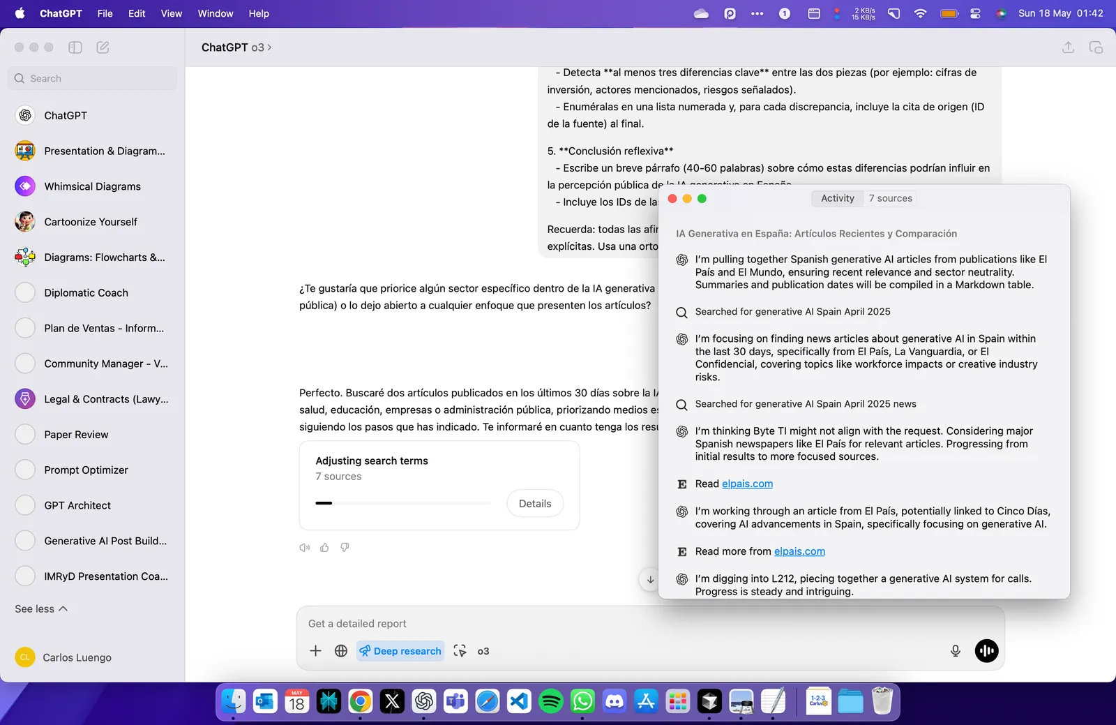 ChatGPT desktop app running a Deep research task, with the activity panel listing the searches and sources it is reading