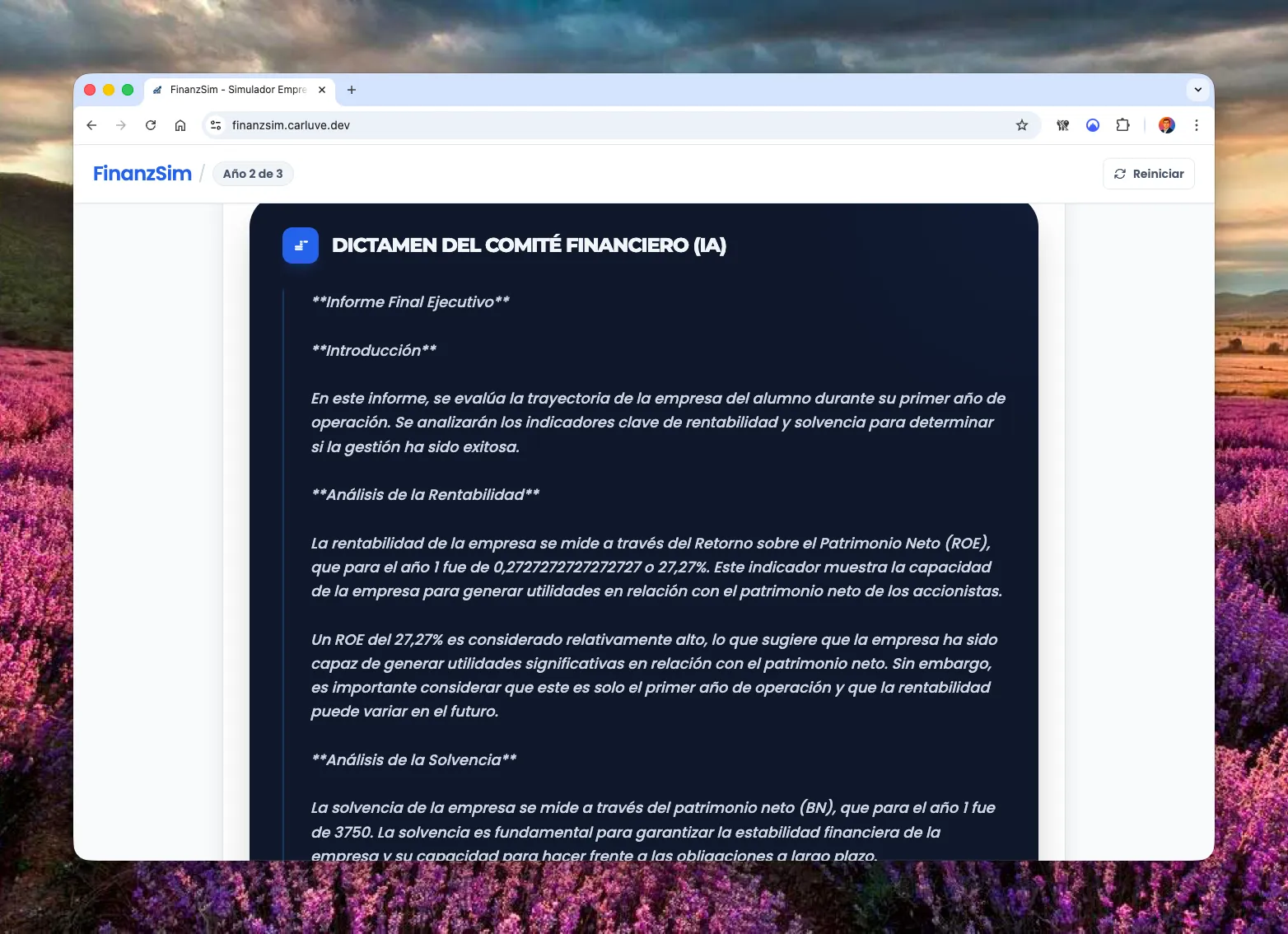 FinanzSim real-time financial analysis view