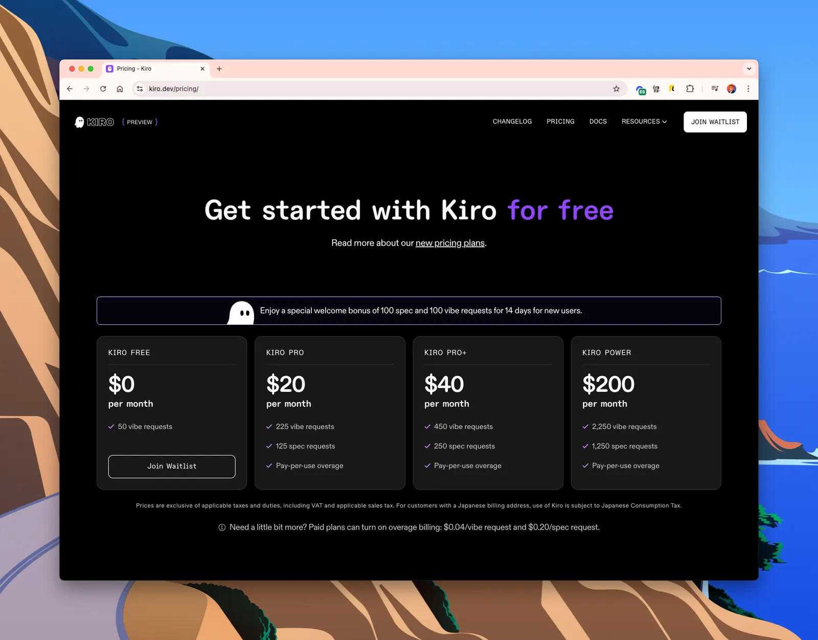 Kiro pricing page with four plans: Free, Pro, Pro+ and Power