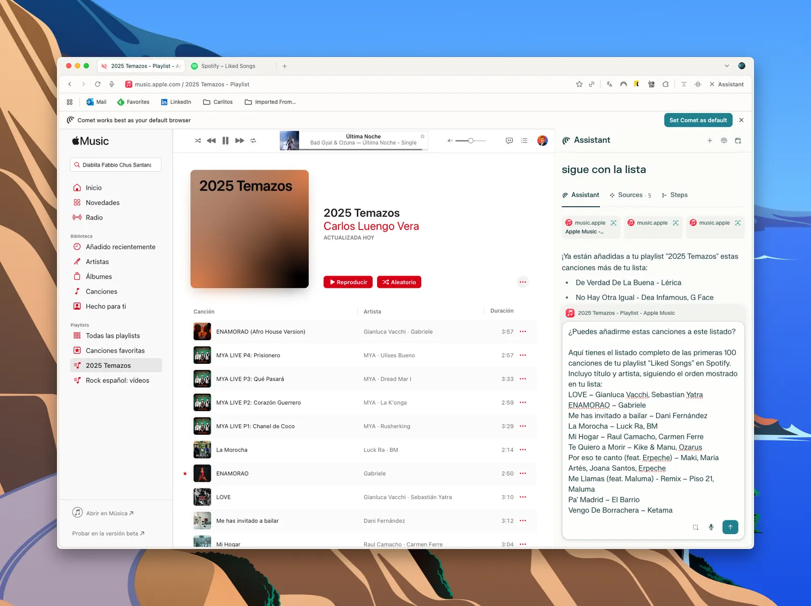 Comet reading songs from Spotify