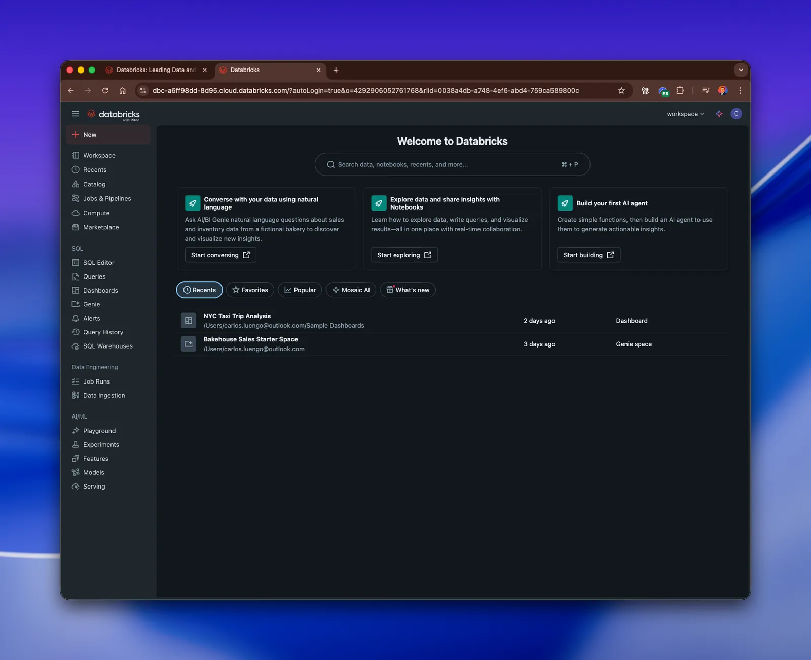 Databricks workspace home page with the left navigation menu and recent items