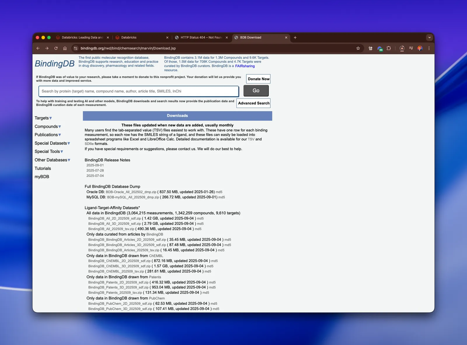 BindingDB download page listing the full dataset files in TSV, SDF and SQL formats
