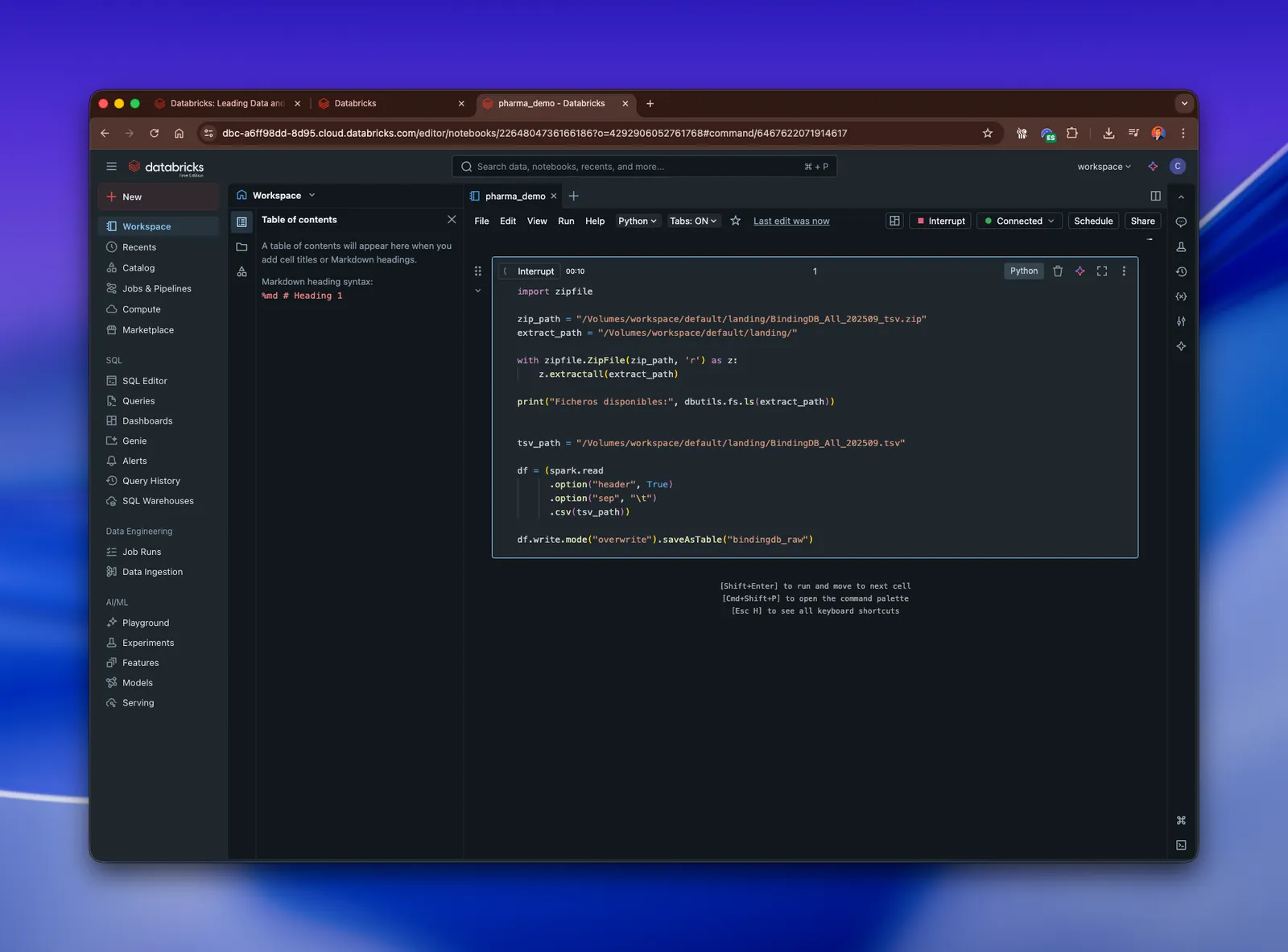 Databricks notebook cell that unzips the BindingDB file and saves it as a table with PySpark